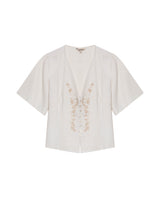 Womens Blouse Straight Silhouette Rayon–Linen Blend Flutter Sleeve V-Neck - Raw 63_711H012_CRU110606_3