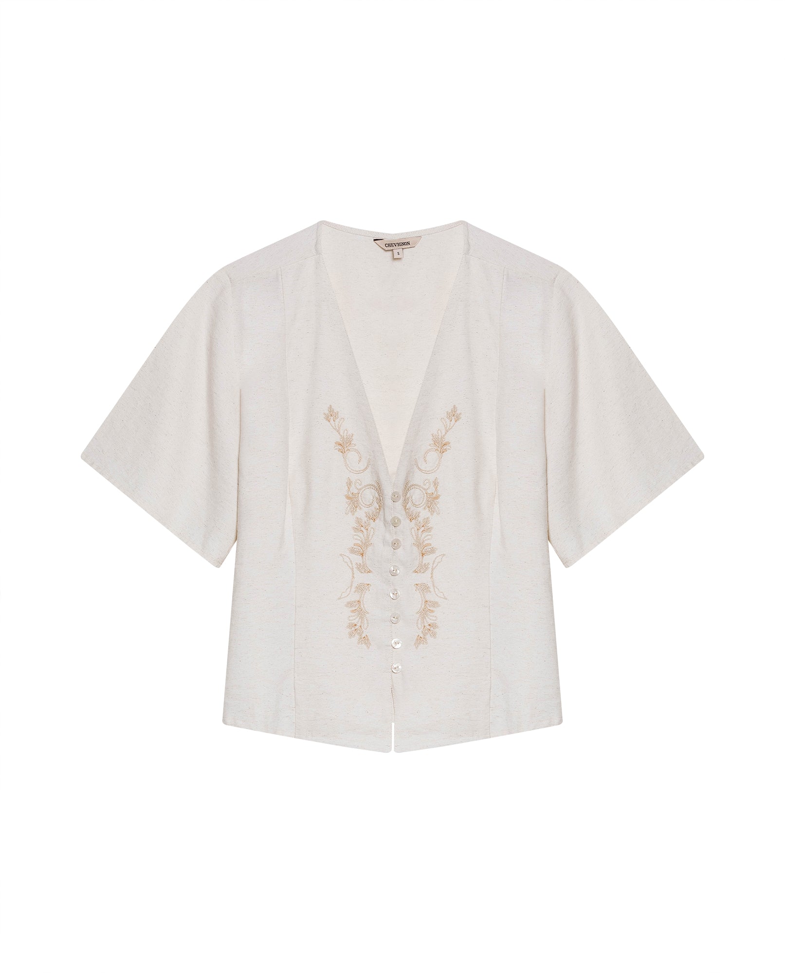 Womens Blouse Straight Silhouette Rayon–Linen Blend Flutter Sleeve V-Neck - Raw 63_711H012_CRU110606_3