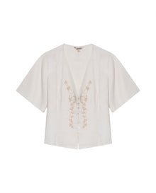 Womens Blouse Straight Silhouette Rayon–Linen Blend Flutter Sleeve V-Neck - Raw 63_711H012_CRU110606_3