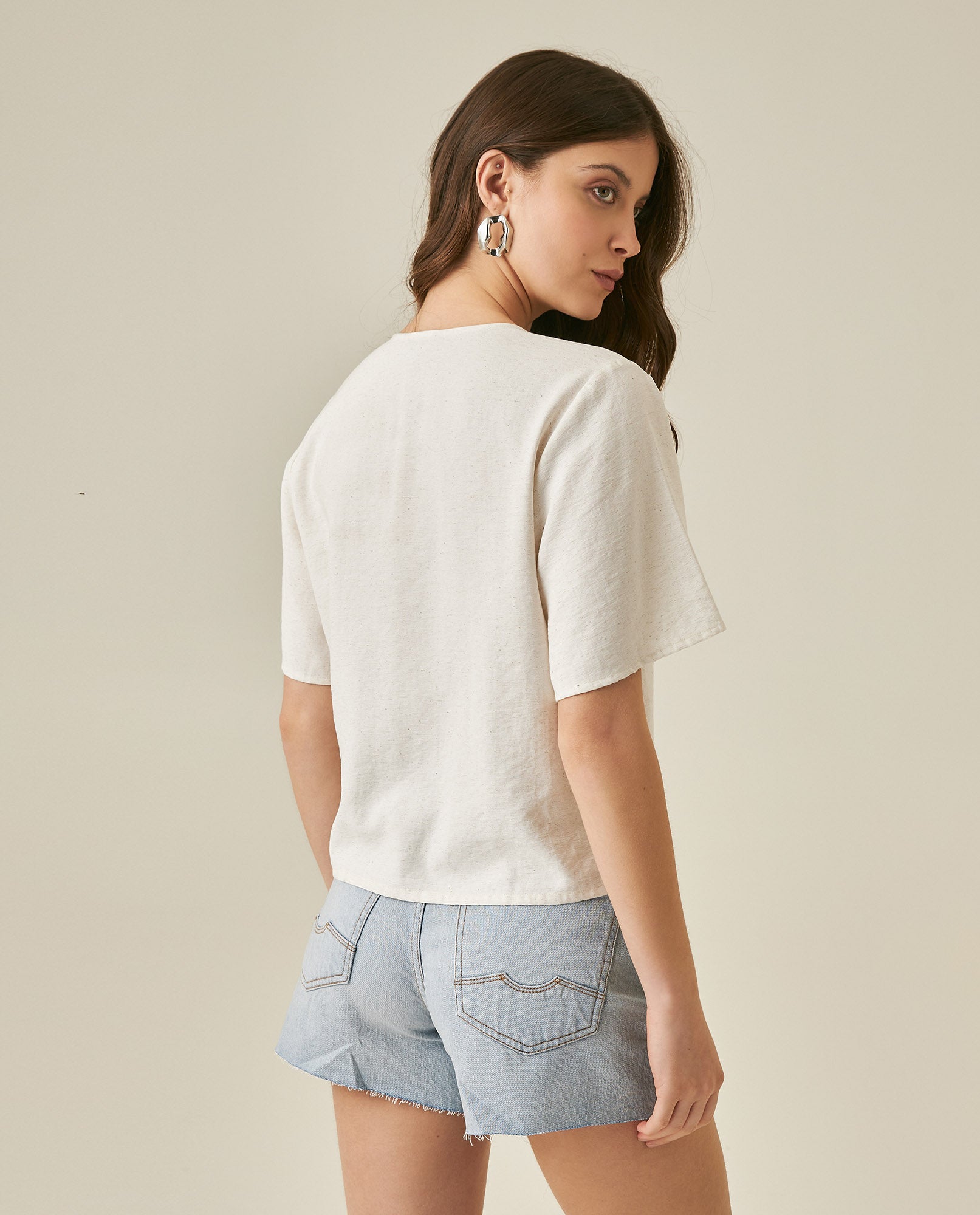 Womens Blouse Straight Silhouette Rayon–Linen Blend Flutter Sleeve V-Neck - Raw 63_711H012_CRU110606_6