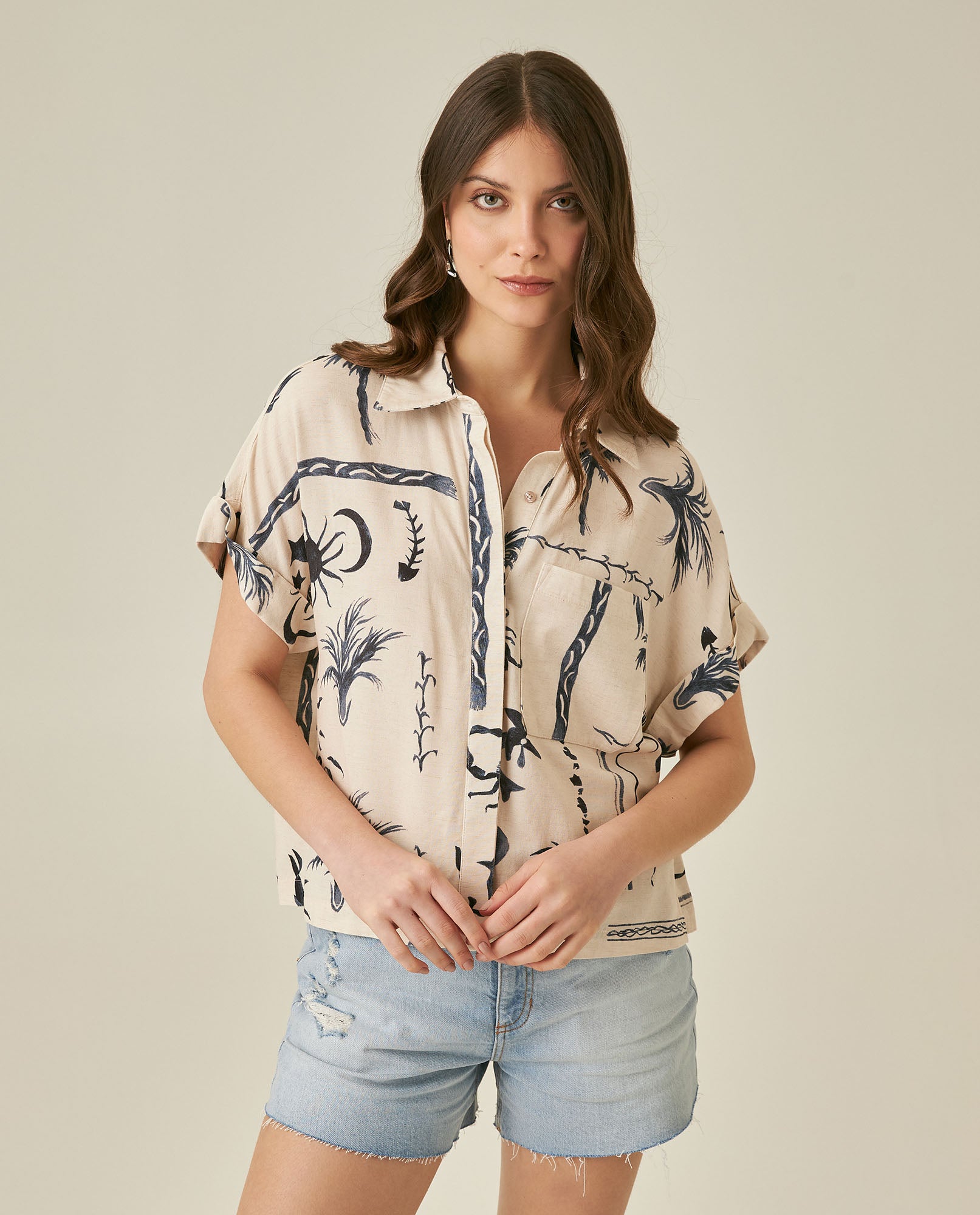 Womens Shirt Resort Oversized Viscose–Linen Print Short Sleeve - Raw 63_711H013_CRU131011_0