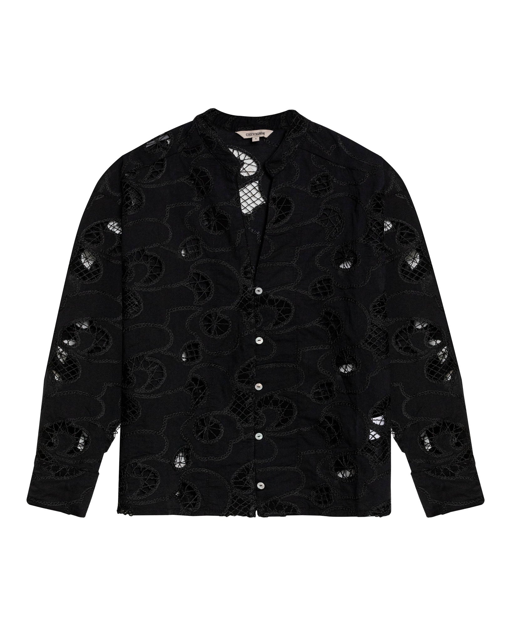 Womens Shirt Straight Silhouette Polyester–Rayon Eyelet Fabric Mandarin Collar - Black 63_711H014_NEG194004_3