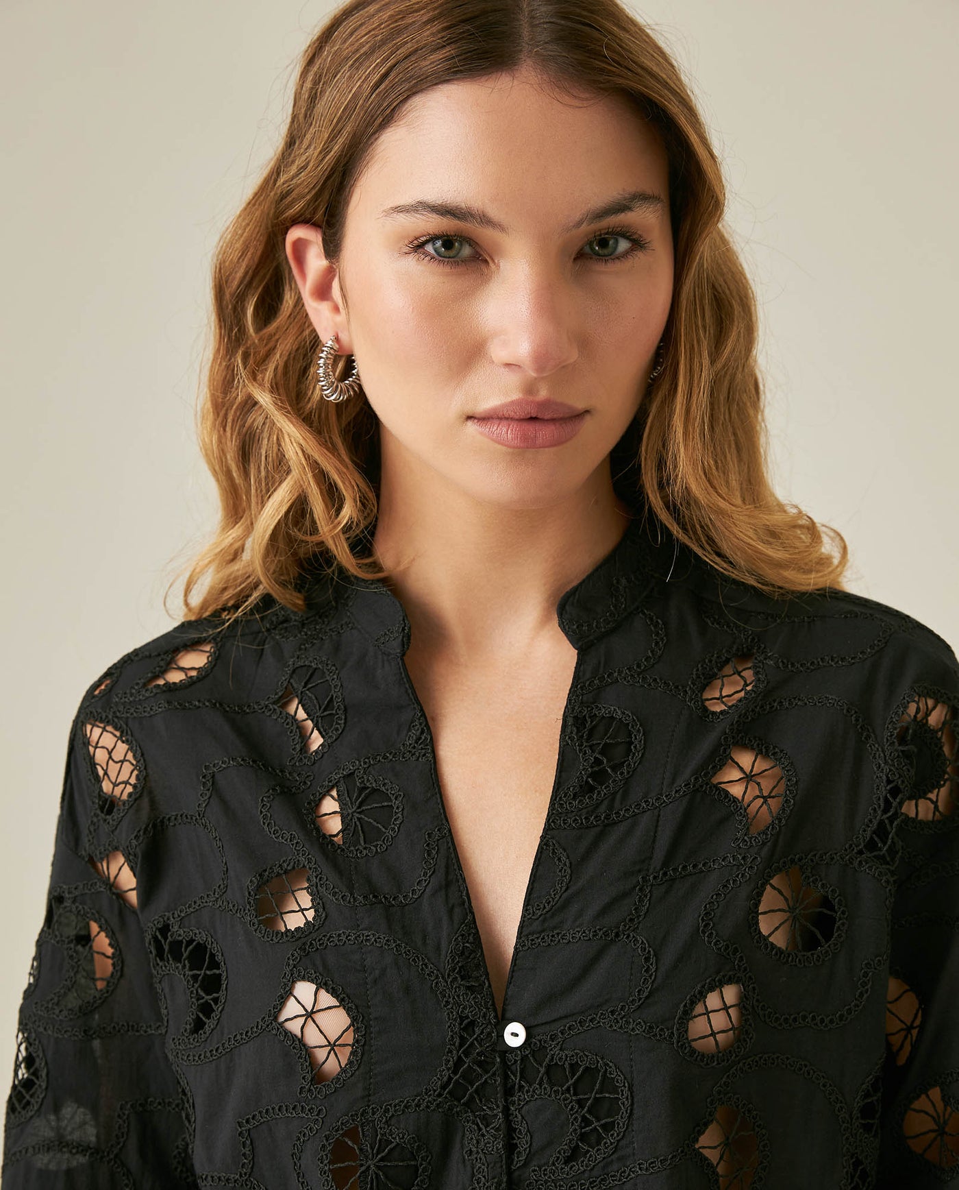Womens Shirt Straight Silhouette Polyester–Rayon Eyelet Fabric Mandarin Collar - Black 63_711H014_NEG194004_5