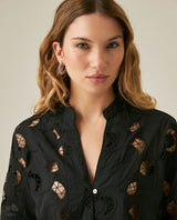 Womens Shirt Straight Silhouette Polyester–Rayon Eyelet Fabric Mandarin Collar - Black 63_711H014_NEG194004_5