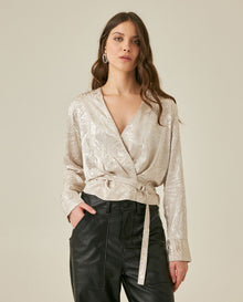Womens Blouse Semi-Wide Silhouette Viscose–Rayon Jacquard Sheen - Beige 63_711H015_BEI140002_0