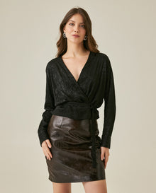 Womens Blouse Semi-Wide Silhouette Viscose–Rayon Jacquard Sheen - Black 63_711H015_NEG194004_0