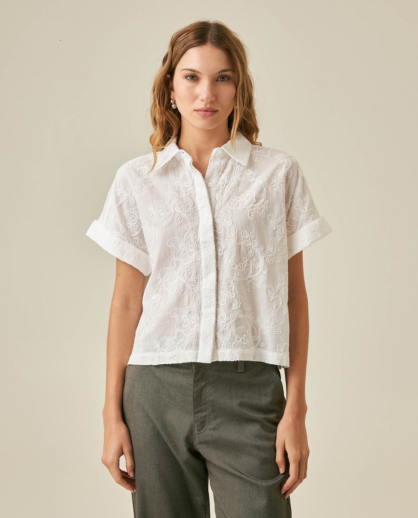 Womens Shirt Oversized Cotton Embroidered Short Sleeve - White 63_711H016_BLA110601_0
