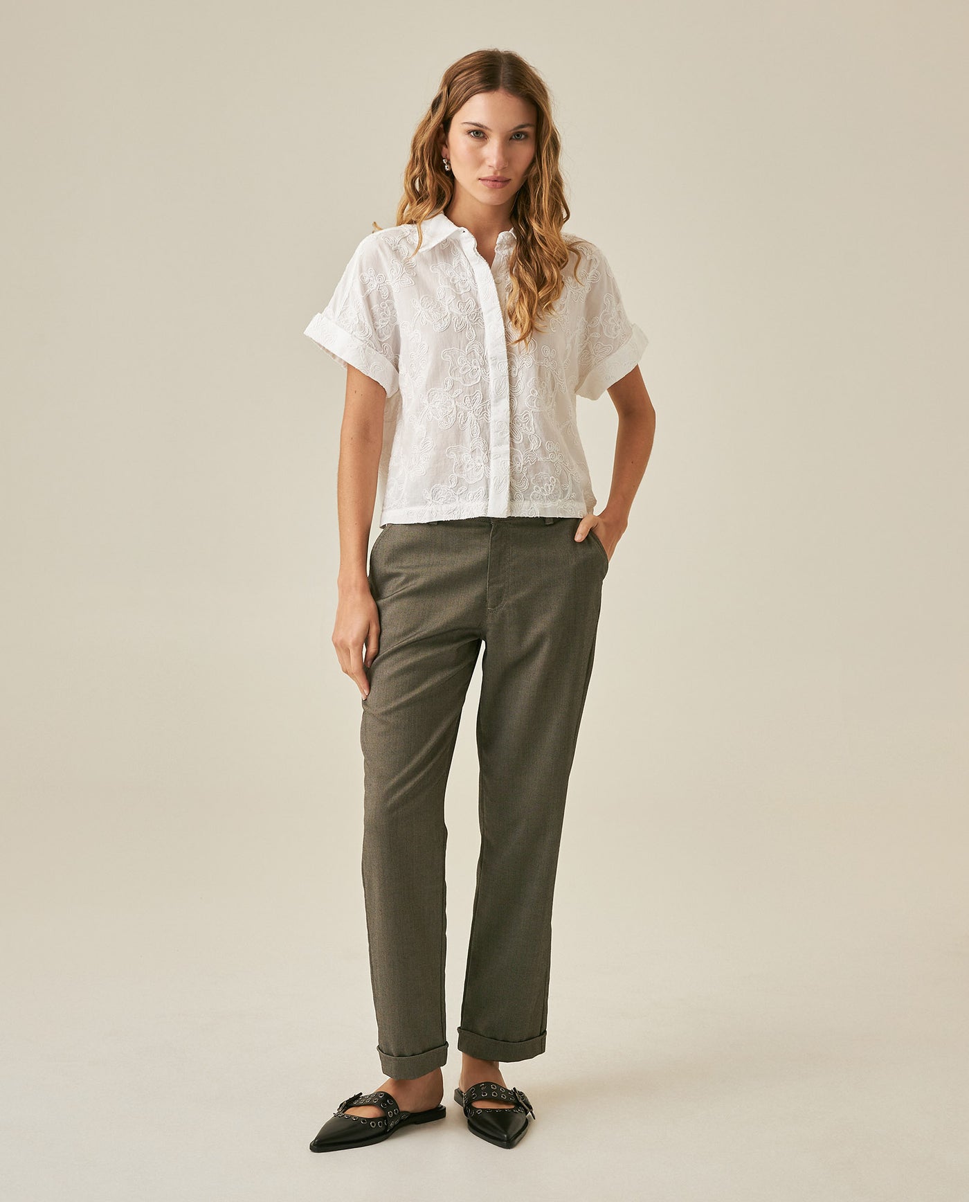 Womens Shirt Oversized Cotton Embroidered Short Sleeve - White 63_711H016_BLA110601_4