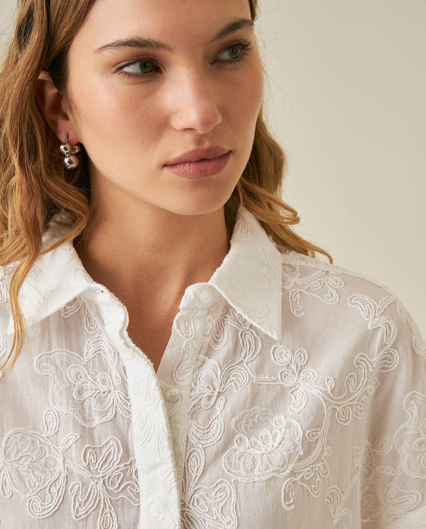 Womens Shirt Oversized Cotton Embroidered Short Sleeve - White 63_711H016_BLA110601_5