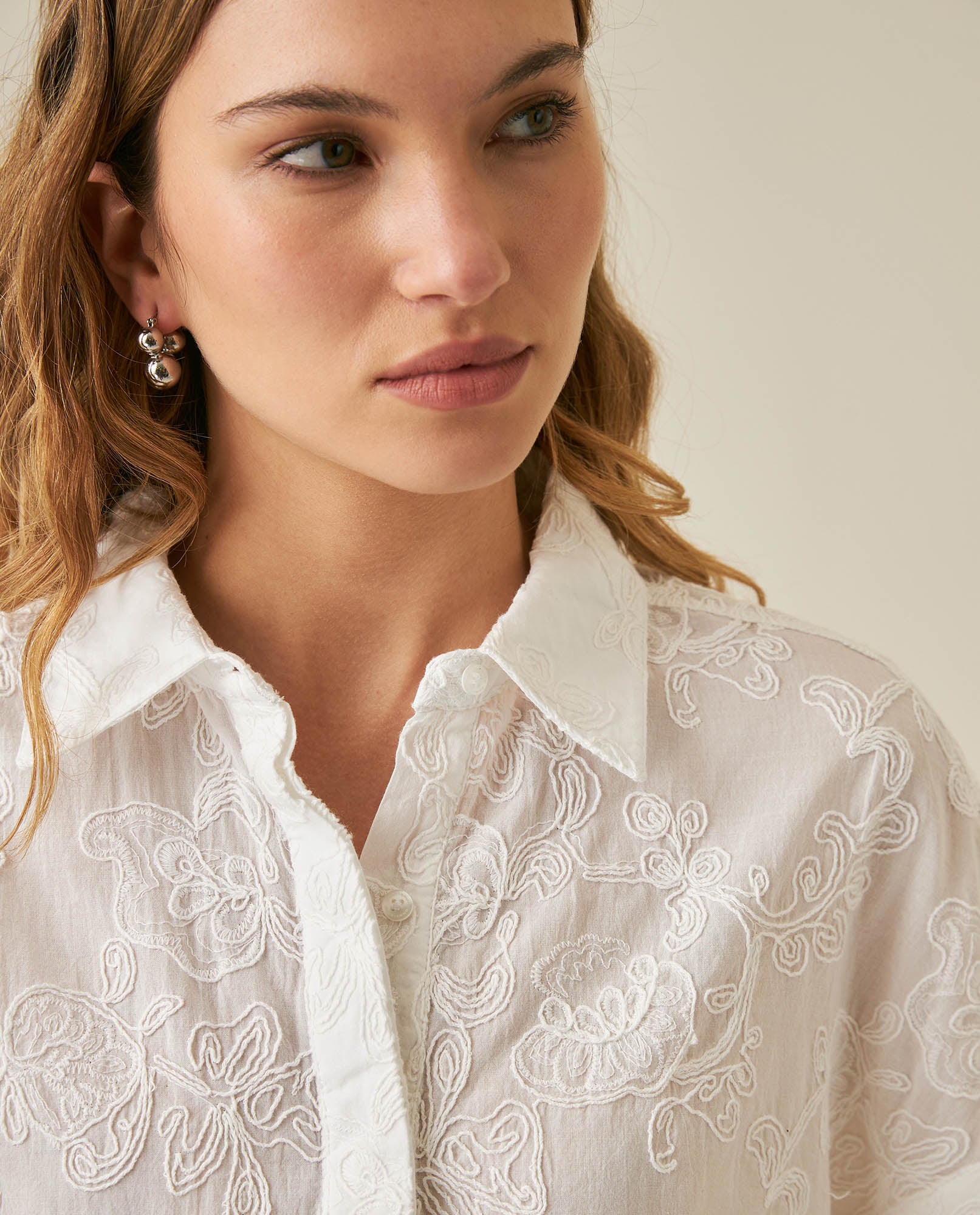 Womens Shirt Oversized Cotton Embroidered Short Sleeve - White 63_711H016_BLA110601_5
