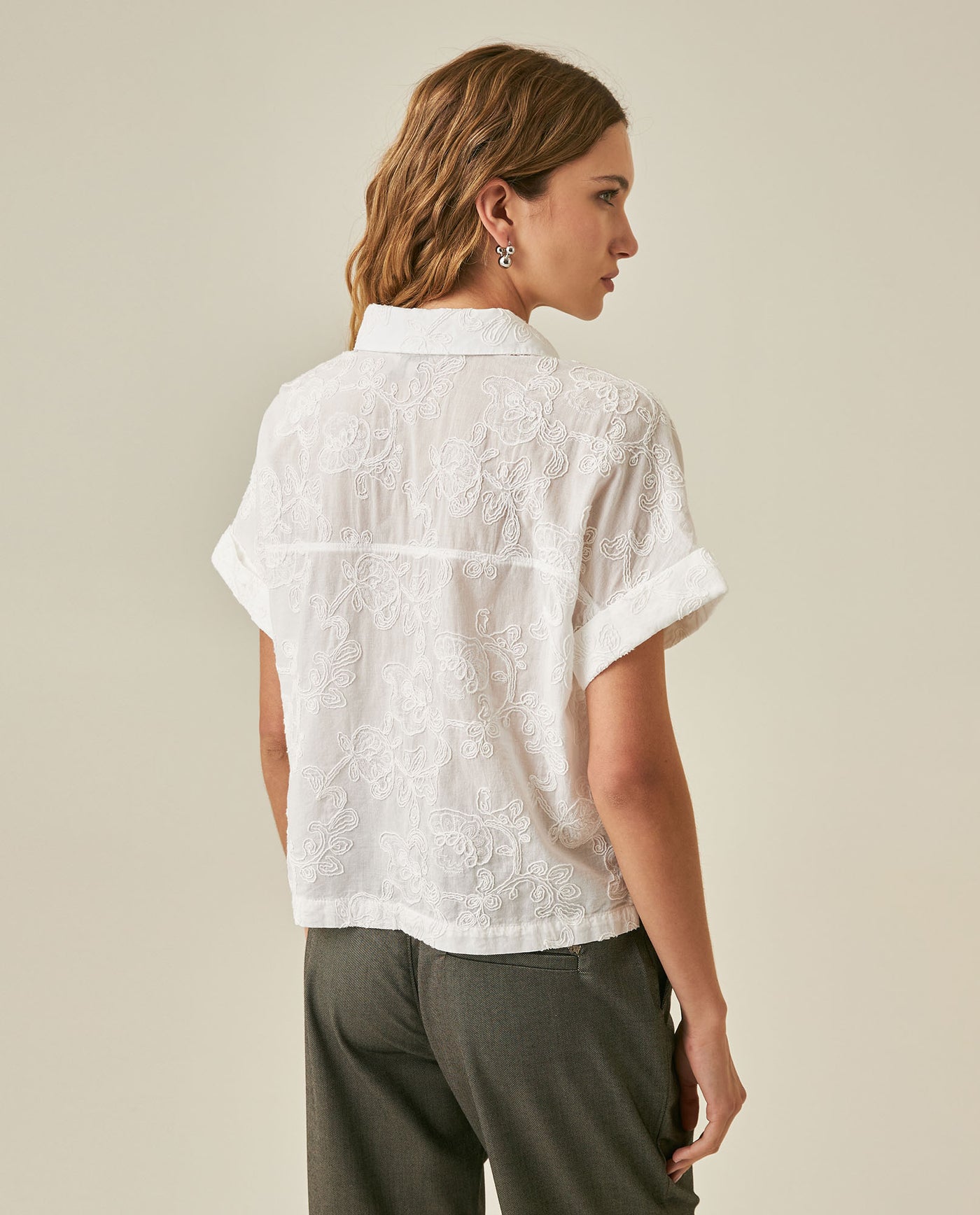 Womens Shirt Oversized Cotton Embroidered Short Sleeve - White 63_711H016_BLA110601_6