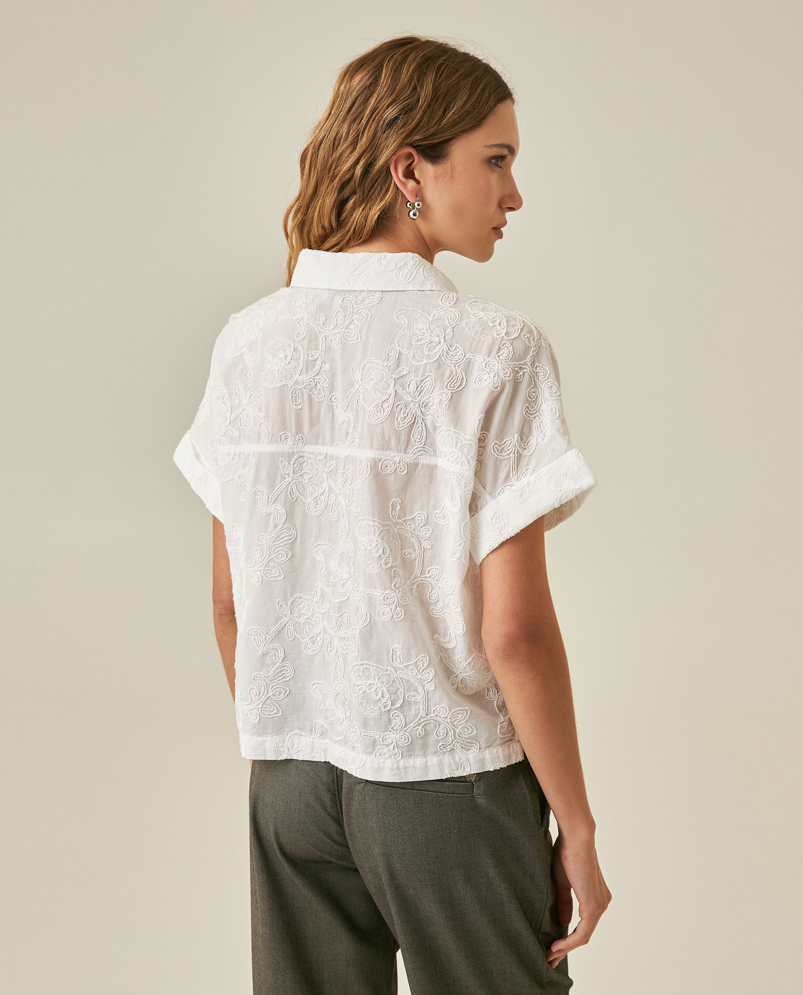 Womens Shirt Oversized Cotton Embroidered Short Sleeve - White 63_711H016_BLA110601_6