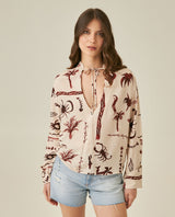 Womens Shirt Wide Silhouette Viscose–Linen Print Mandarin Collar - Raw 63_711H019_CRU131011_0