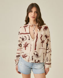 Womens Shirt Wide Silhouette Viscose–Linen Print Mandarin Collar - Raw 63_711H019_CRU131011_0