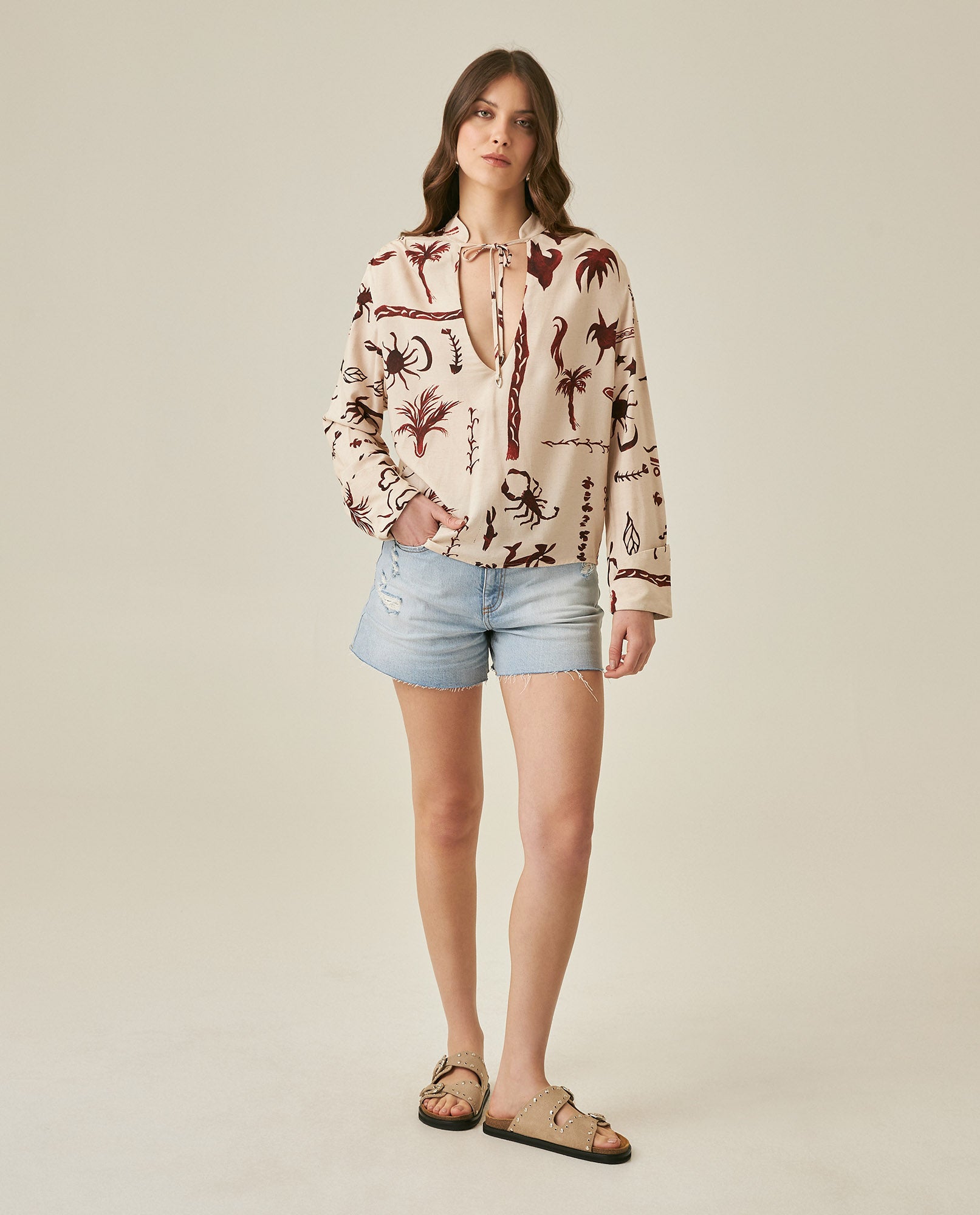 Womens Shirt Wide Silhouette Viscose–Linen Print Mandarin Collar - Raw 63_711H019_CRU131011_4