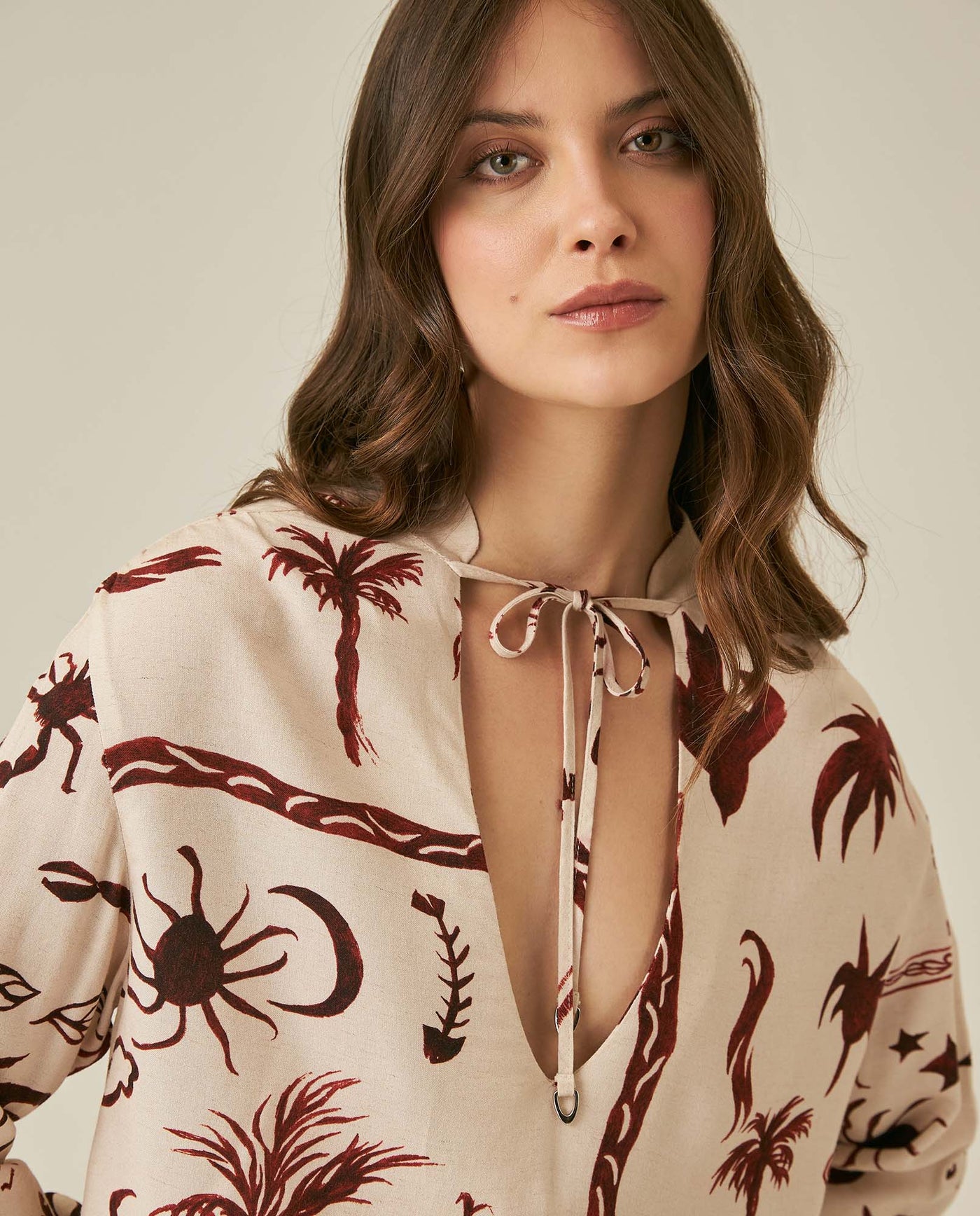 Womens Shirt Wide Silhouette Viscose–Linen Print Mandarin Collar - Raw 63_711H019_CRU131011_5