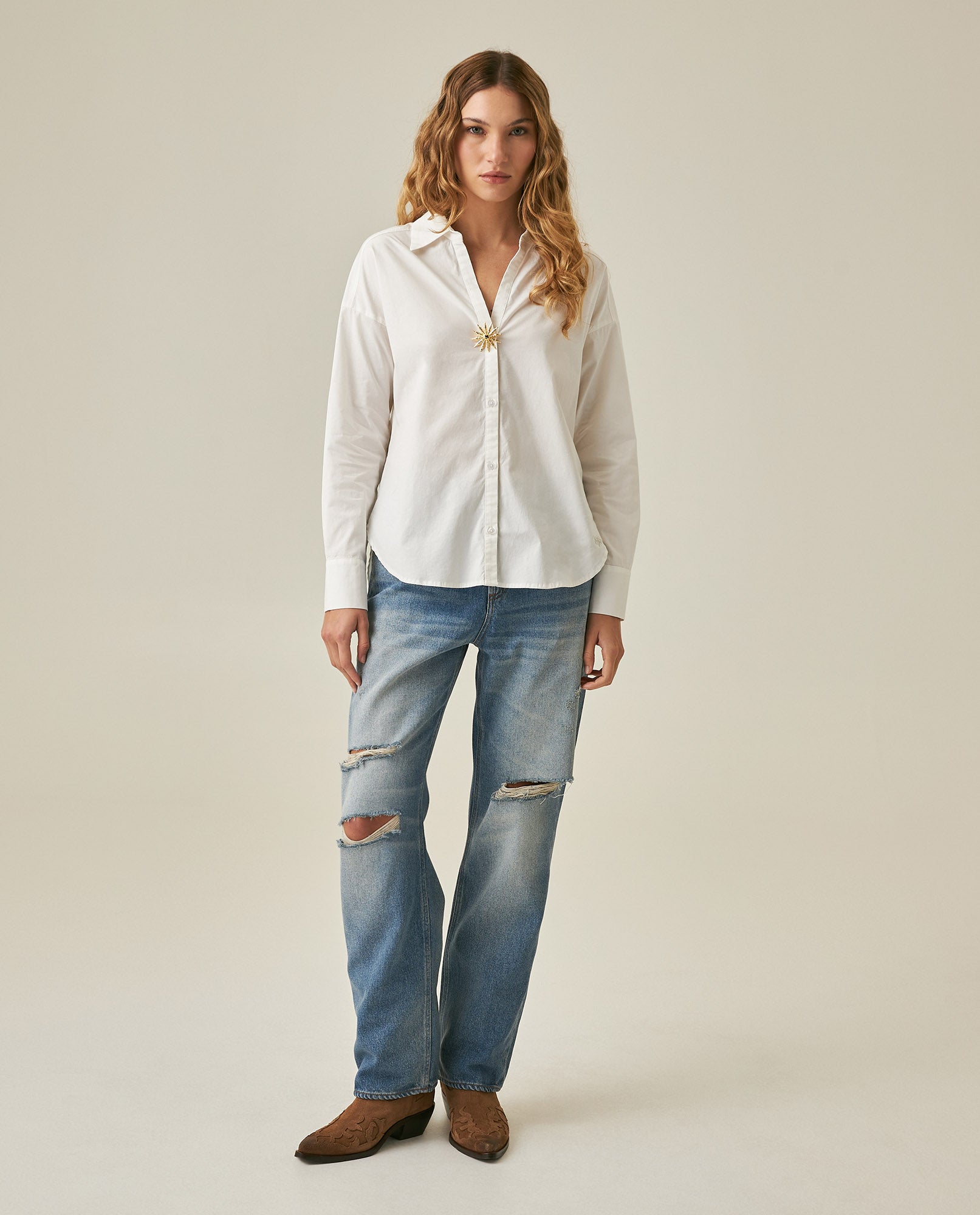 Womens Shirt Wide Silhouette Cotton–Elastomer Removable Pin - Mothers - White 63_711H020_BLA110601_4