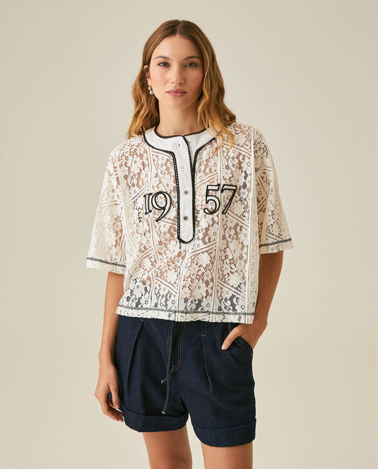 Womens T-Shirt Oversized Nylon–Cotton Sheer Poplin Flower Pattern - Raw 63_711H022_CRU114302_0