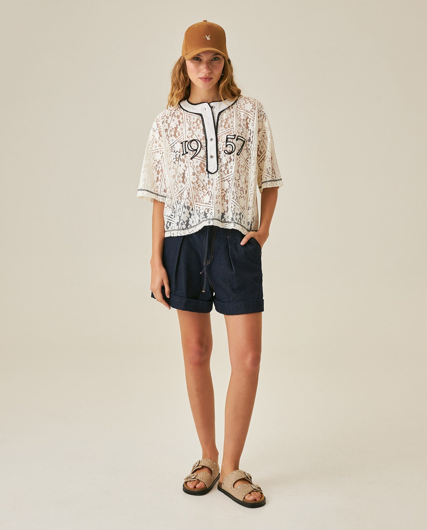 Womens T-Shirt Oversized Nylon–Cotton Sheer Poplin Flower Pattern - Raw 63_711H022_CRU114302_4
