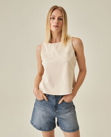 Womens Blouse Straight Silhouette Polyester–Elastane Suede Fabric Sleeveless - Beige 63_711H023_BEI140002_0