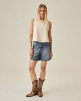 Womens Blouse Straight Silhouette Polyester–Elastane Suede Fabric Sleeveless - Beige 63_711H023_BEI140002_4