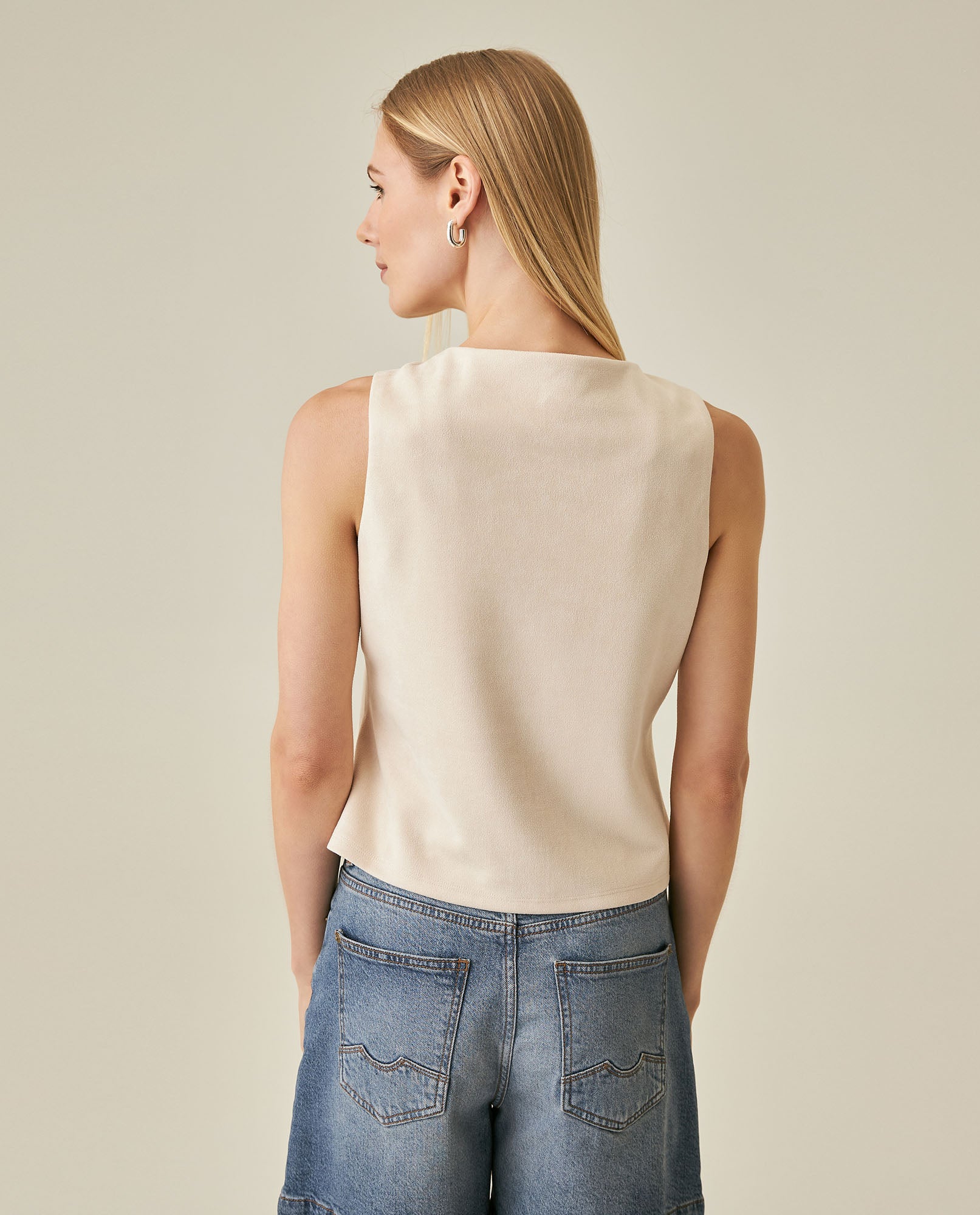 Womens Blouse Straight Silhouette Polyester–Elastane Suede Fabric Sleeveless - Beige 63_711H023_BEI140002_6