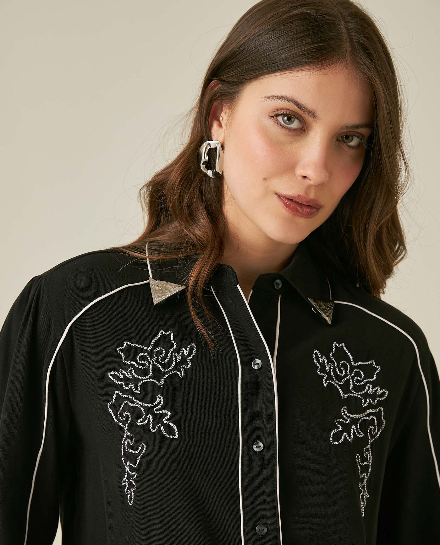 Womens Shirt Western Straight Silhouette Rayon Blend Tips Flower Embroidery - Gray 63_711H702_GRI194006_5