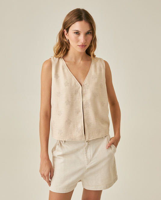 Womens Embroidered Linen-Effect Vest - Beige 63_711H714_BEI161407_0