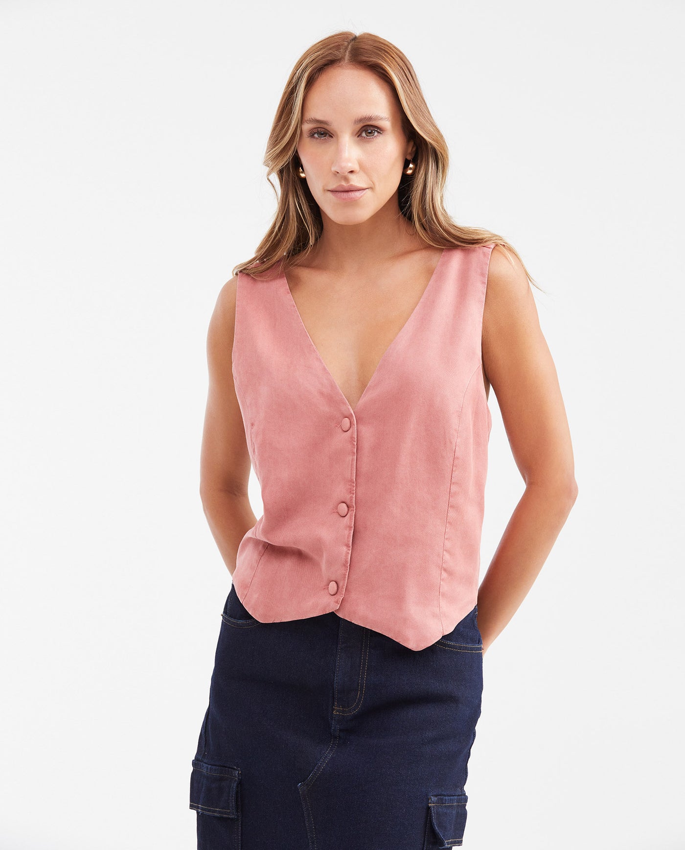 Women's Straight Fit Vest-Style Shirt with Crossed Back Straps in Lyocell - 1