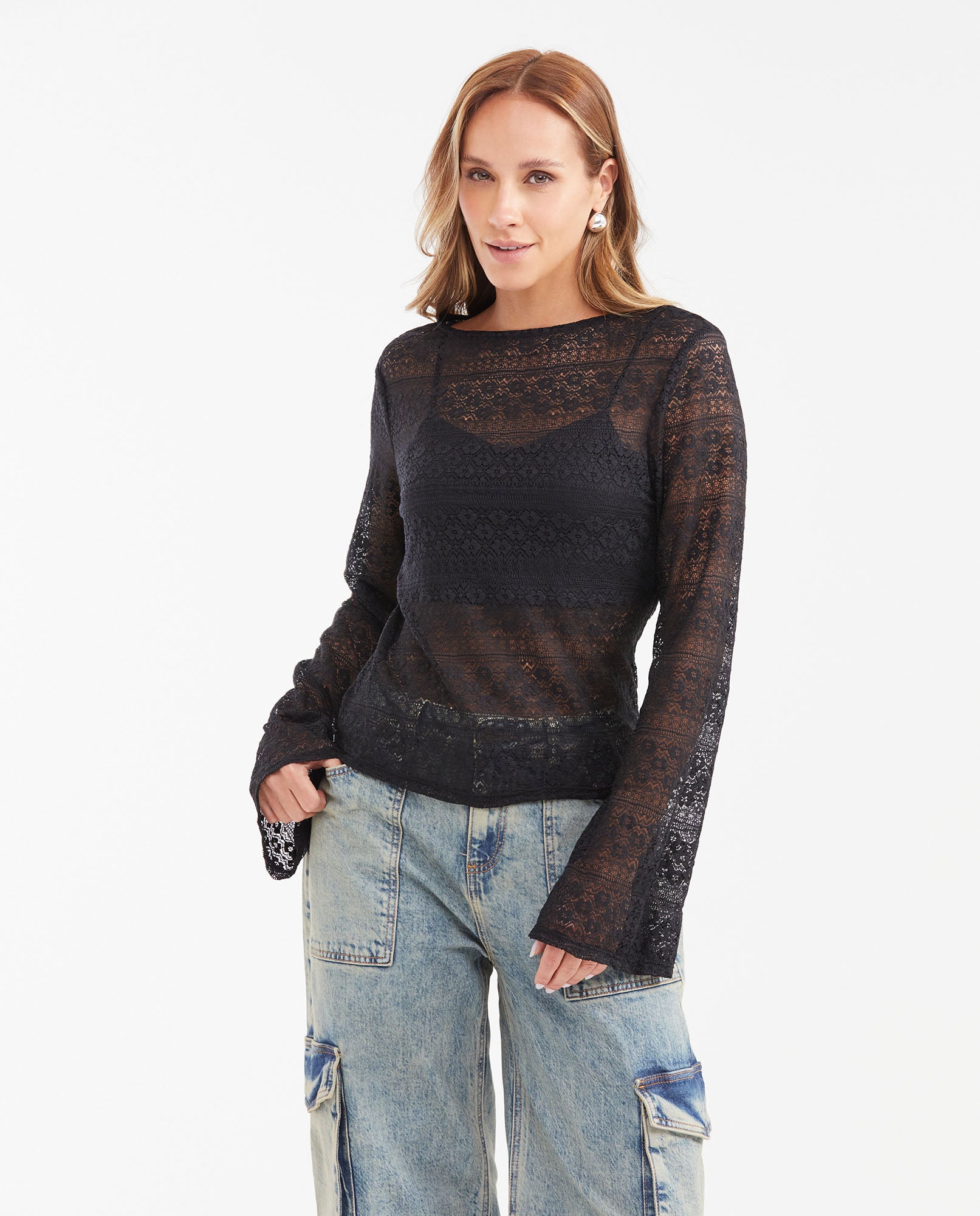 Women's Fitted High Neck Lace Shirt with Internal Top in Nylon-Elastane - 1