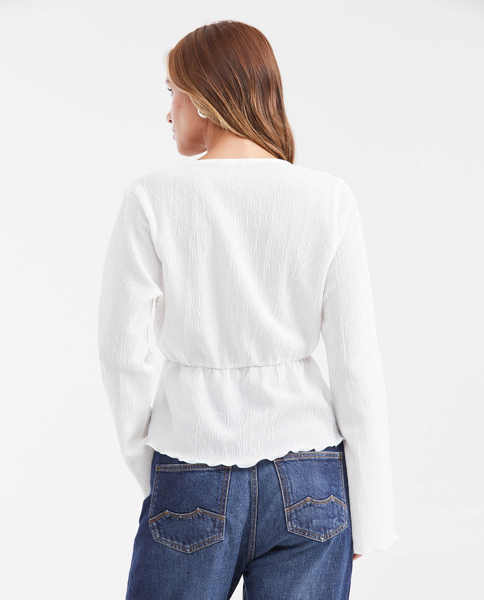 Women's Elastic Waist Top with Bell Sleeves and Peplum in Polyester-Elastane - 4