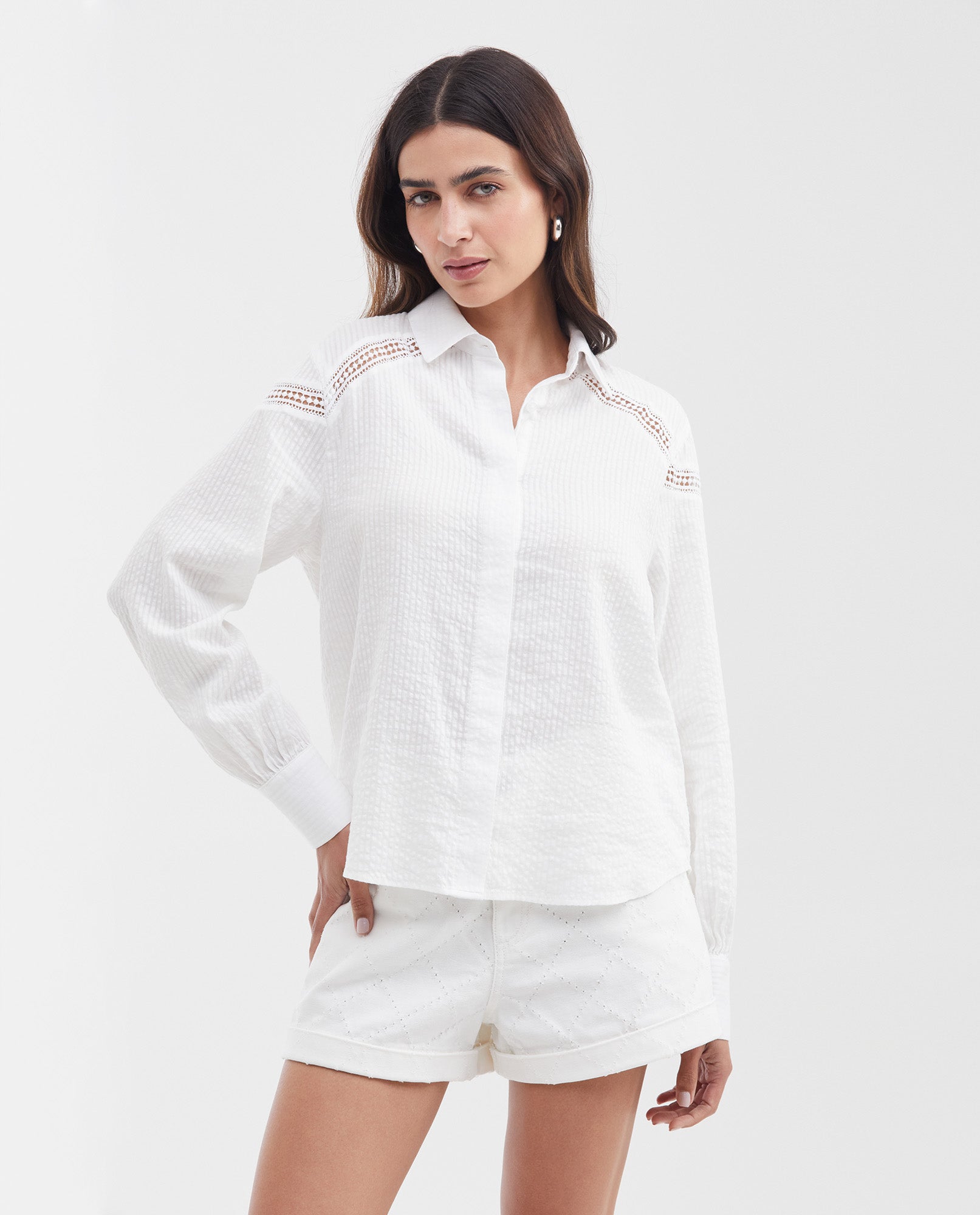 Women's Straight Fit Textured Shirt with Lace Detail in Cotton - 1