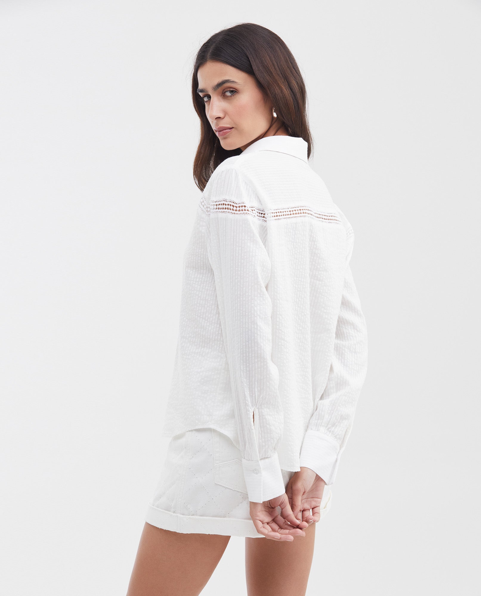 Women's Straight Fit Textured Shirt with Lace Detail in Cotton - 5