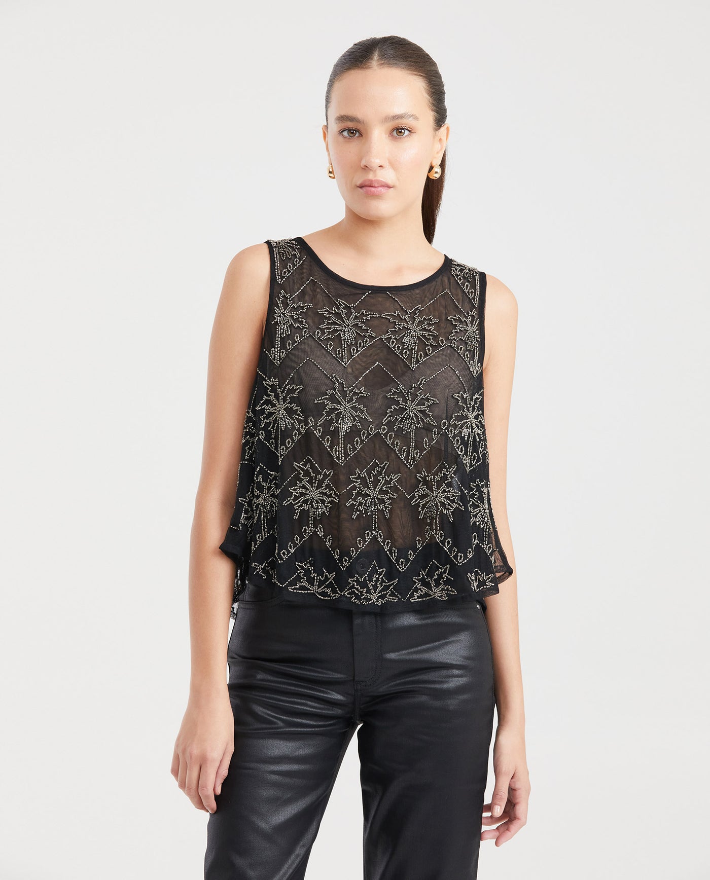 Women's Mesh Top Sleeveless Beaded Detail in Polyamide - 1