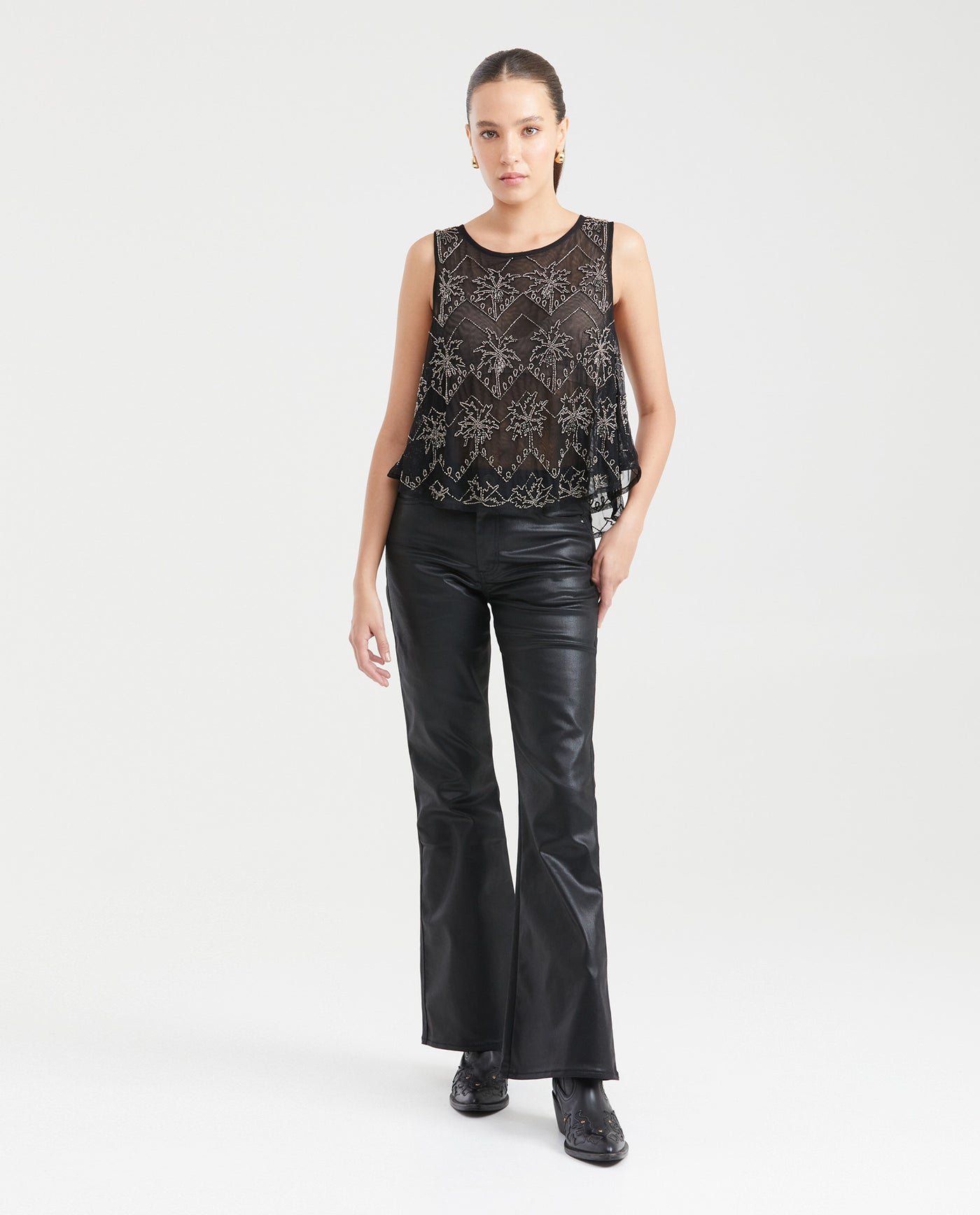 Women's Mesh Top Sleeveless Beaded Detail in Polyamide - 6