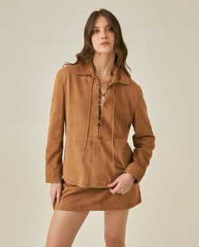 Womens Suede Leather Lace-Up Shirt - Brown 63_717H750_CAF181421_0