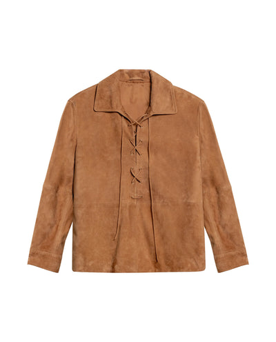 Womens Suede Leather Lace-Up Shirt - Brown 63_717H750_CAF181421_3