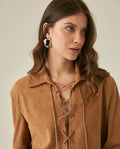 Womens Suede Leather Lace-Up Shirt - Brown 63_717H750_CAF181421_5