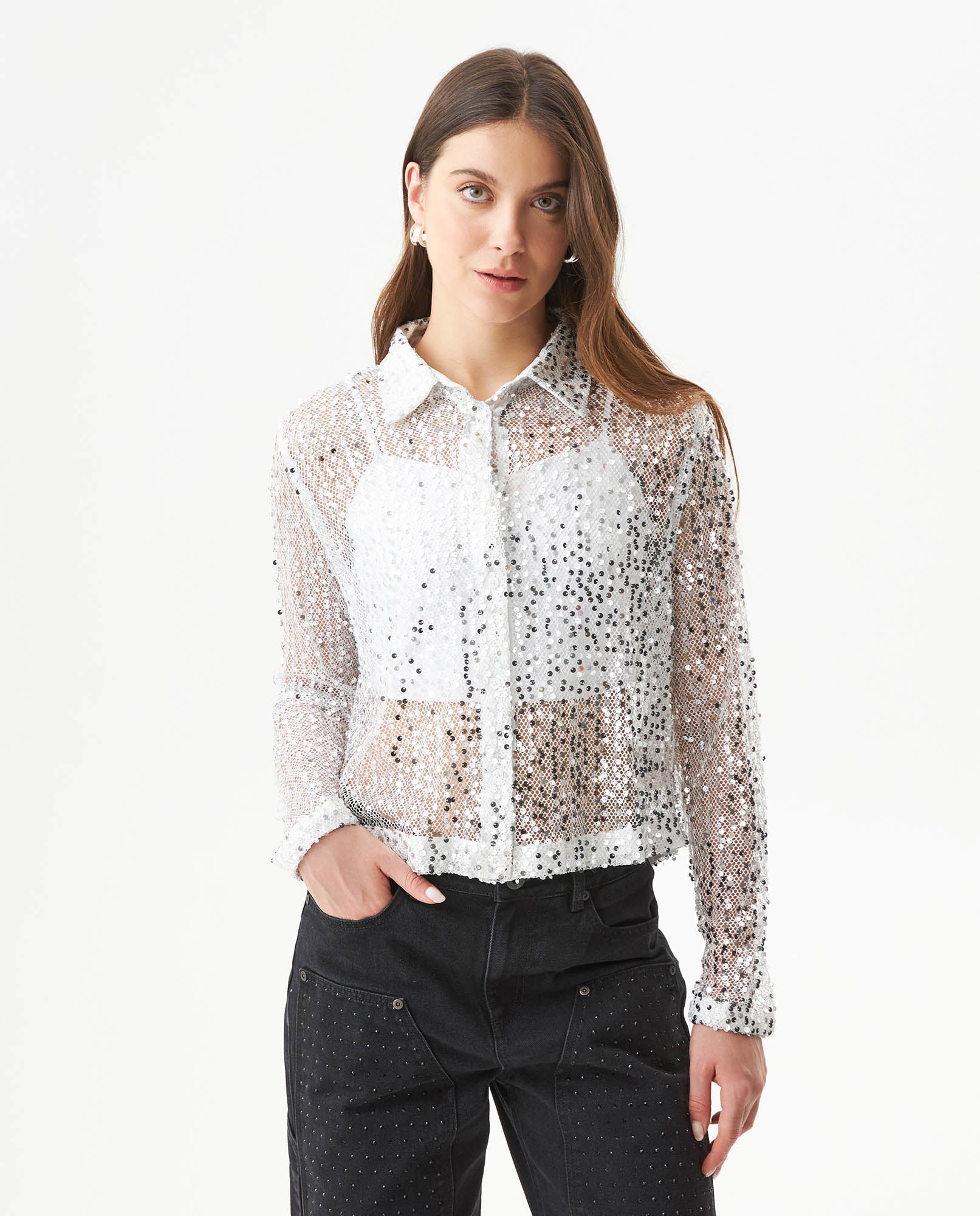 Women's Sequined Regular Fit Shirt in Polyester Stretch Blend, Ballroom - 2