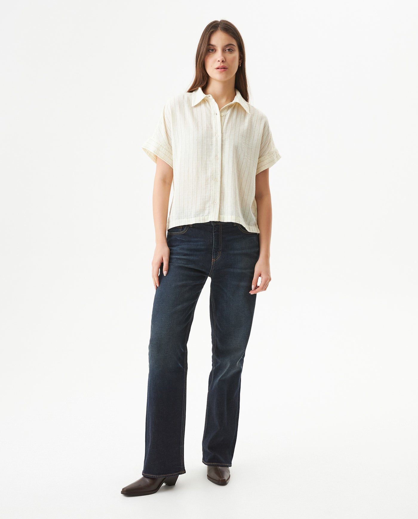 Women's Stone Accent Striped Short Sleeve Shirt in Polyester, Plaza - 3