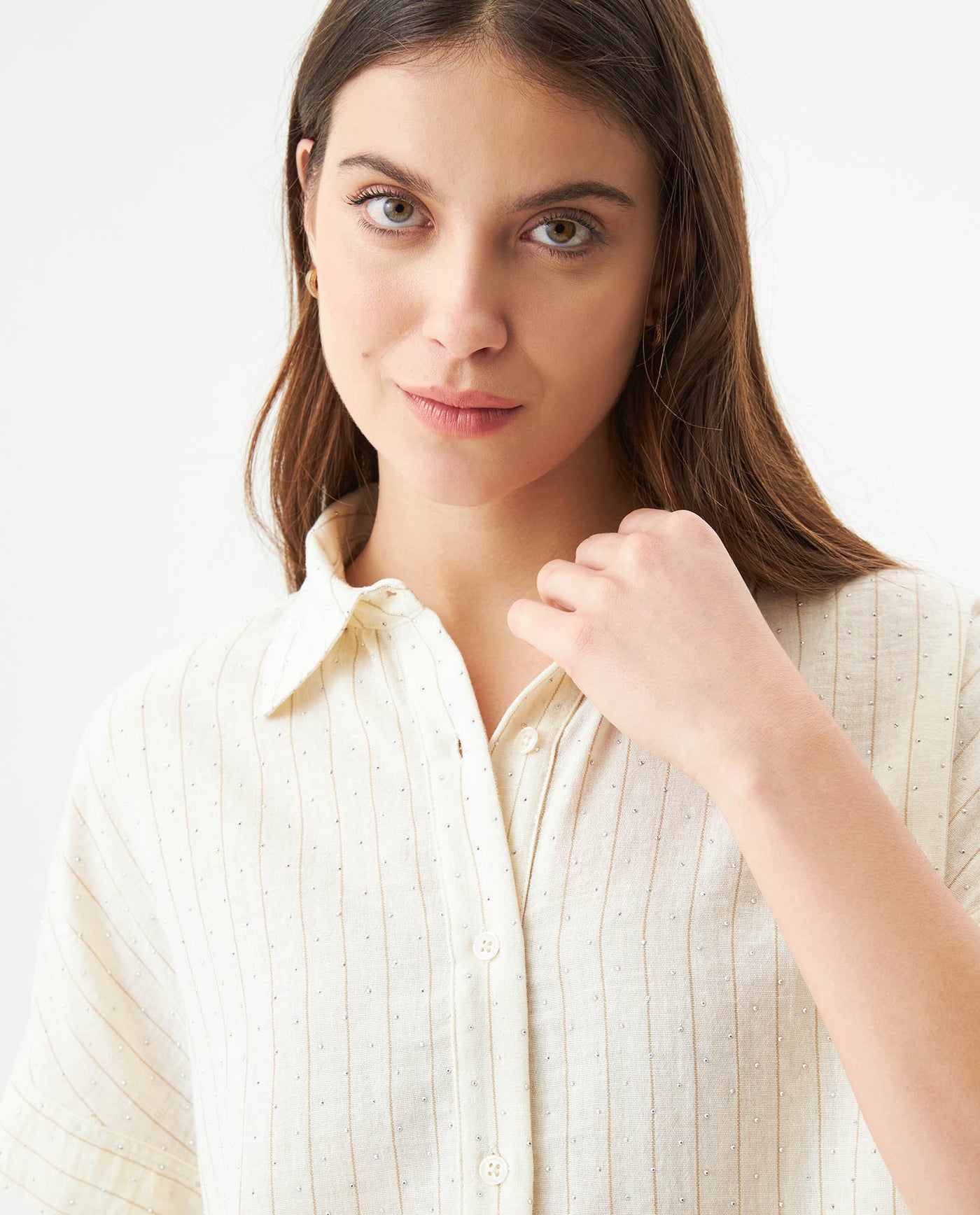 Women's Stone Accent Striped Short Sleeve Shirt in Polyester, Plaza - 4