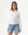 Women's Mandarin Collar Cropped Straight Shirt in Cotton, Coastline - 2