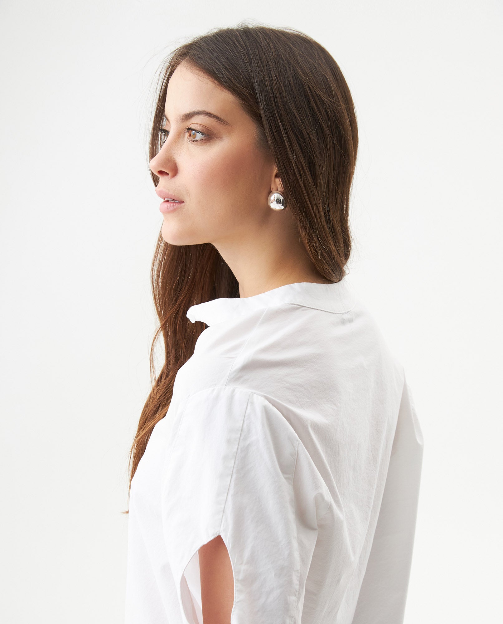 Women's Mandarin Collar Cropped Straight Shirt in Cotton, Coastline - 6