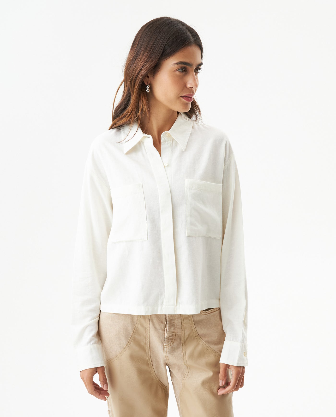 Women's Patch Pocket Straight Shirt in Rayon-Linen Blend, Celebration - 2