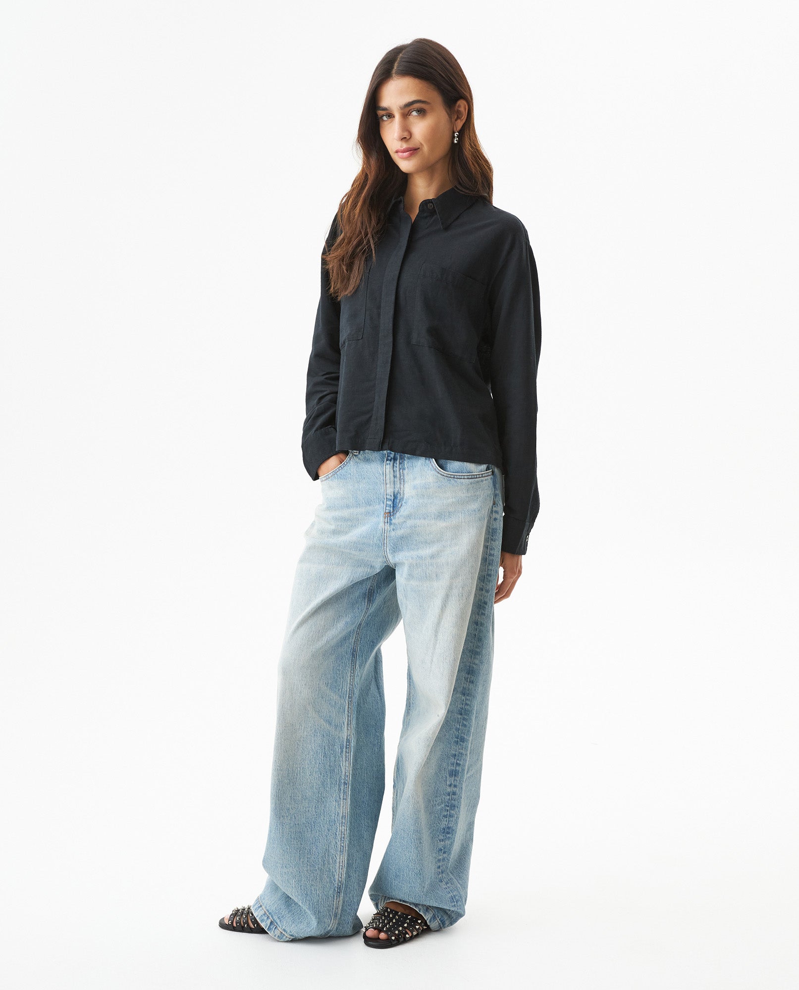 Women's Patch Pocket Straight Shirt in Rayon-Linen Blend, Celebration - 3