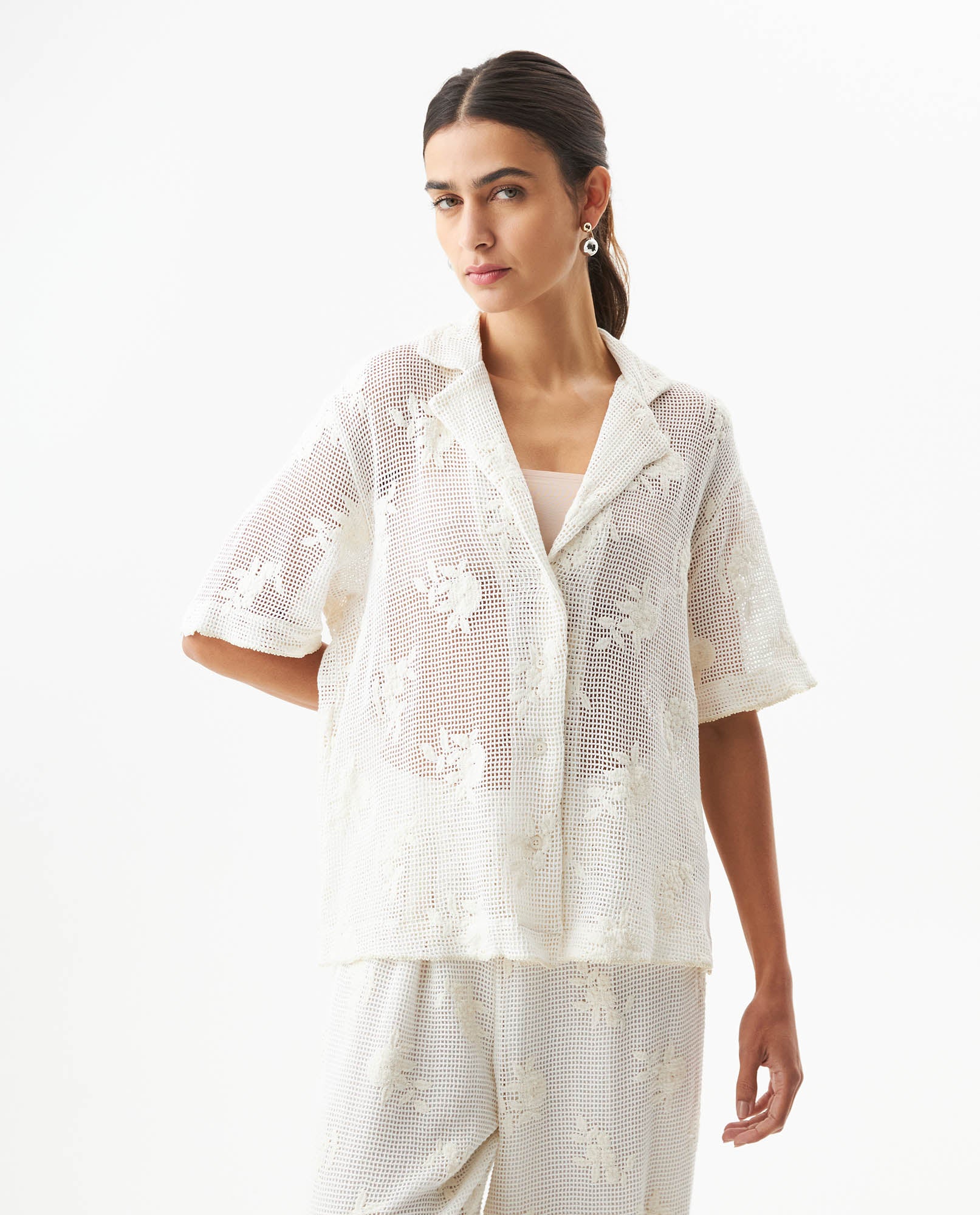 Women's Crochet Straight Fit Shirt in Cotton, Heritage - 2