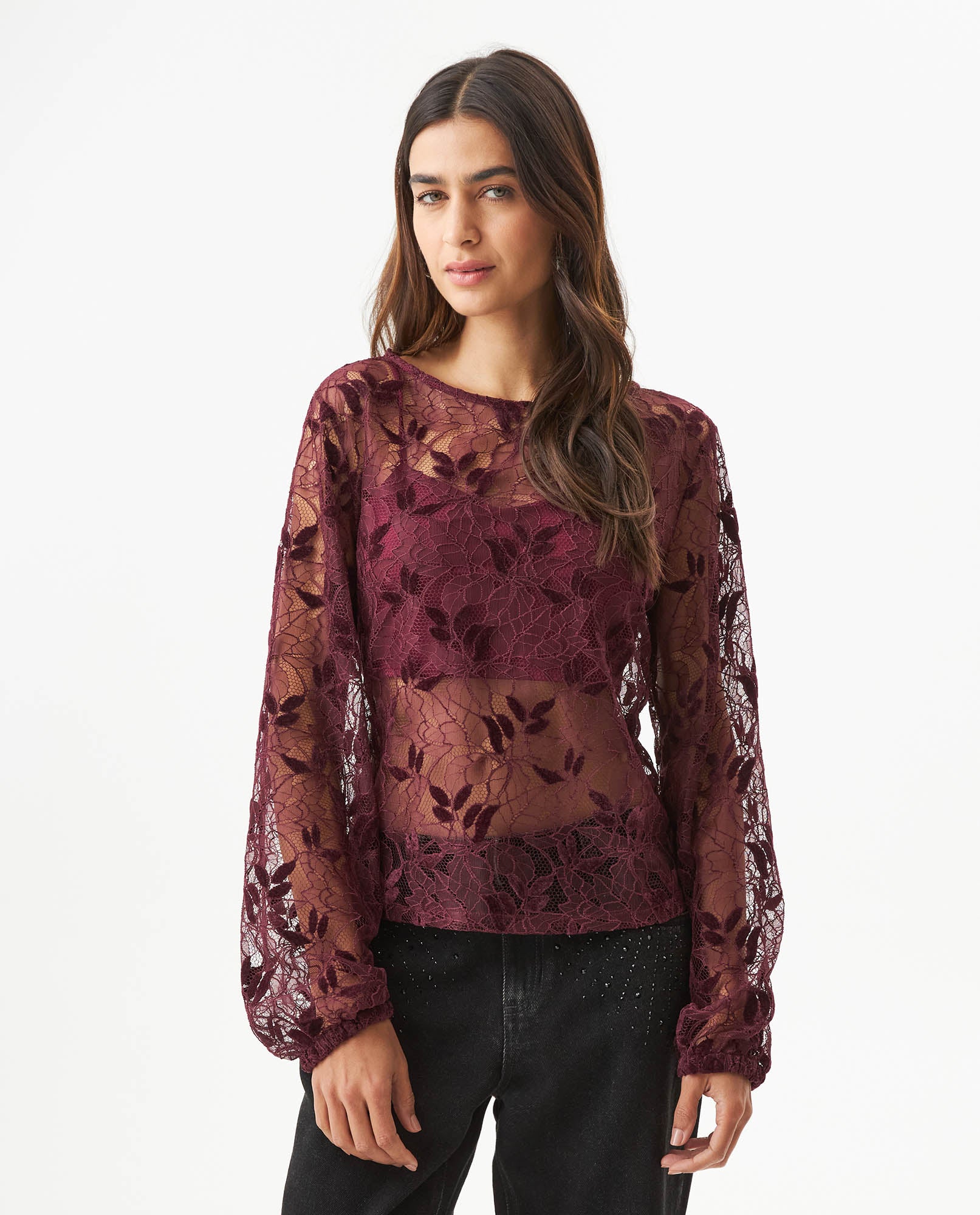 Women's Embroidered Sheer Straight Fit Blouse in Polyester, Coordinates - 2