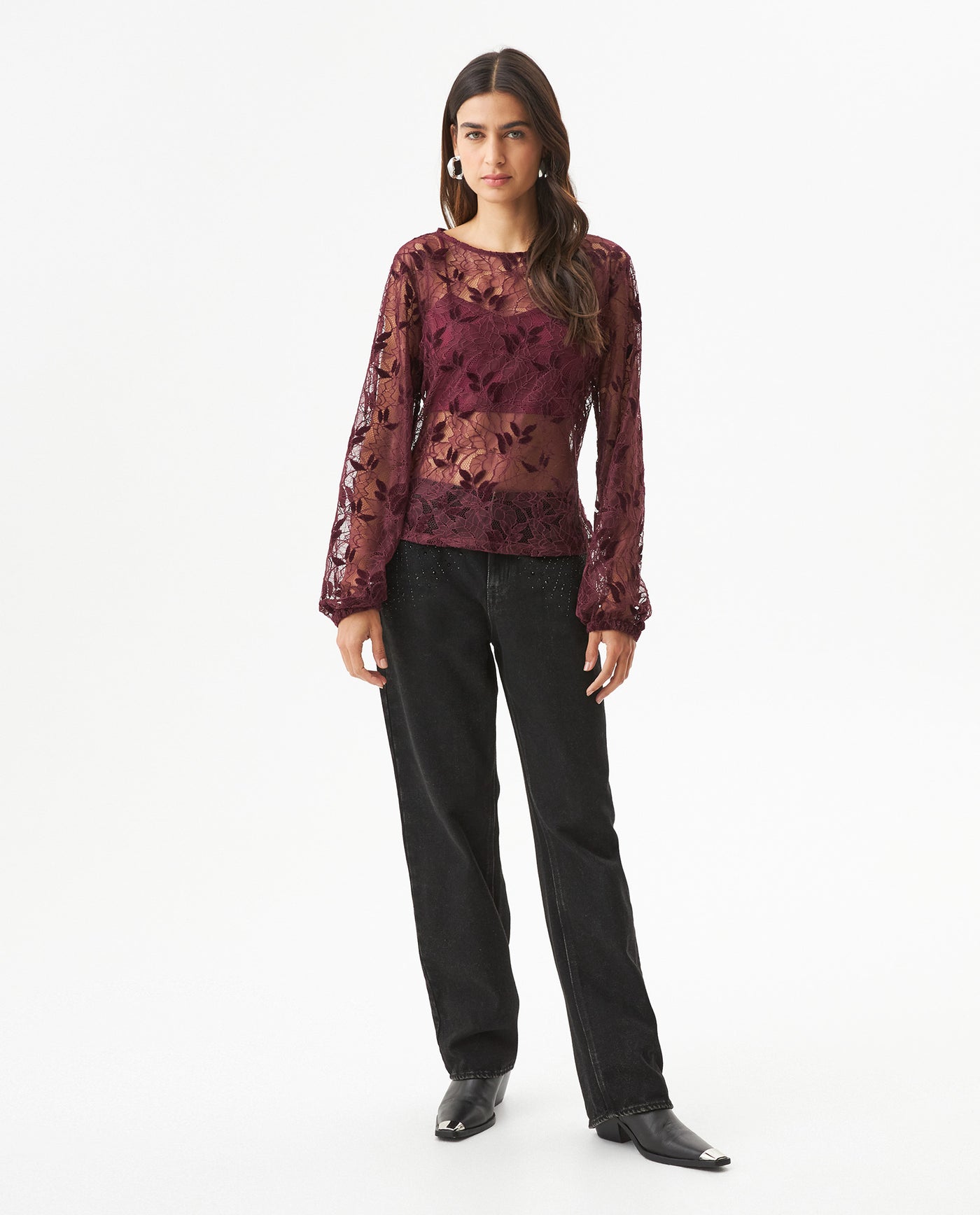 Women's Embroidered Sheer Straight Fit Blouse in Polyester, Coordinates - 4