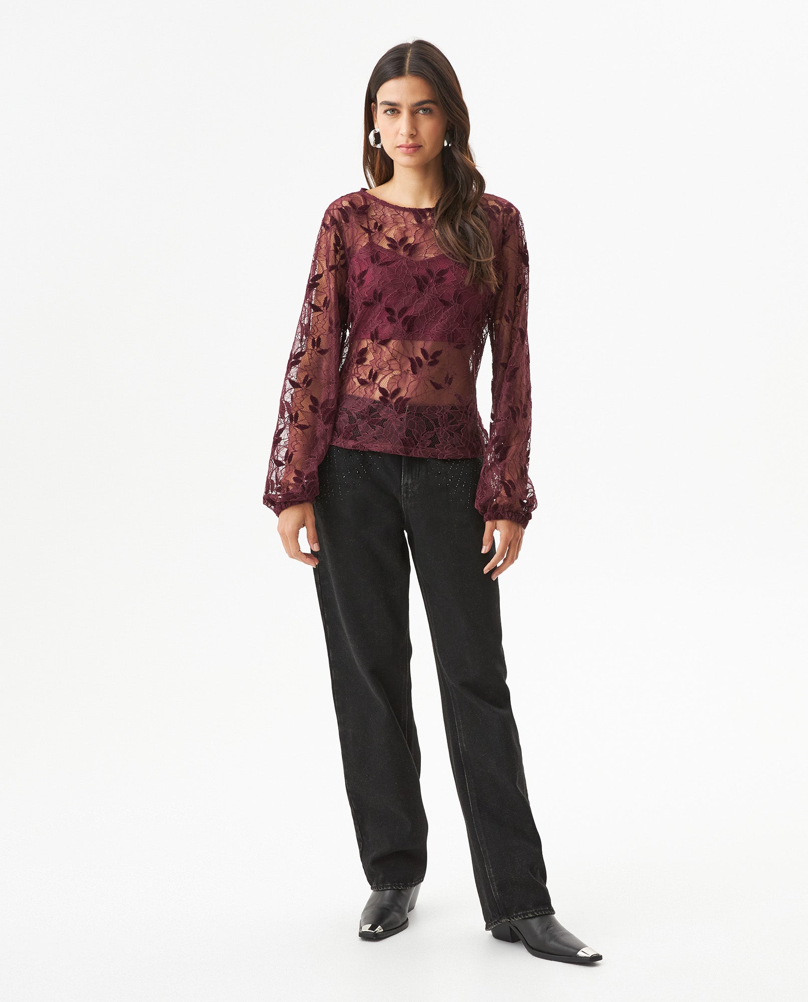Women's Embroidered Sheer Straight Fit Blouse in Polyester, Coordinates - 4