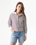 Women's Stripe Detail Cropped Straight Fit Shirt in Cotton Stretch Blend, Dockside - 2